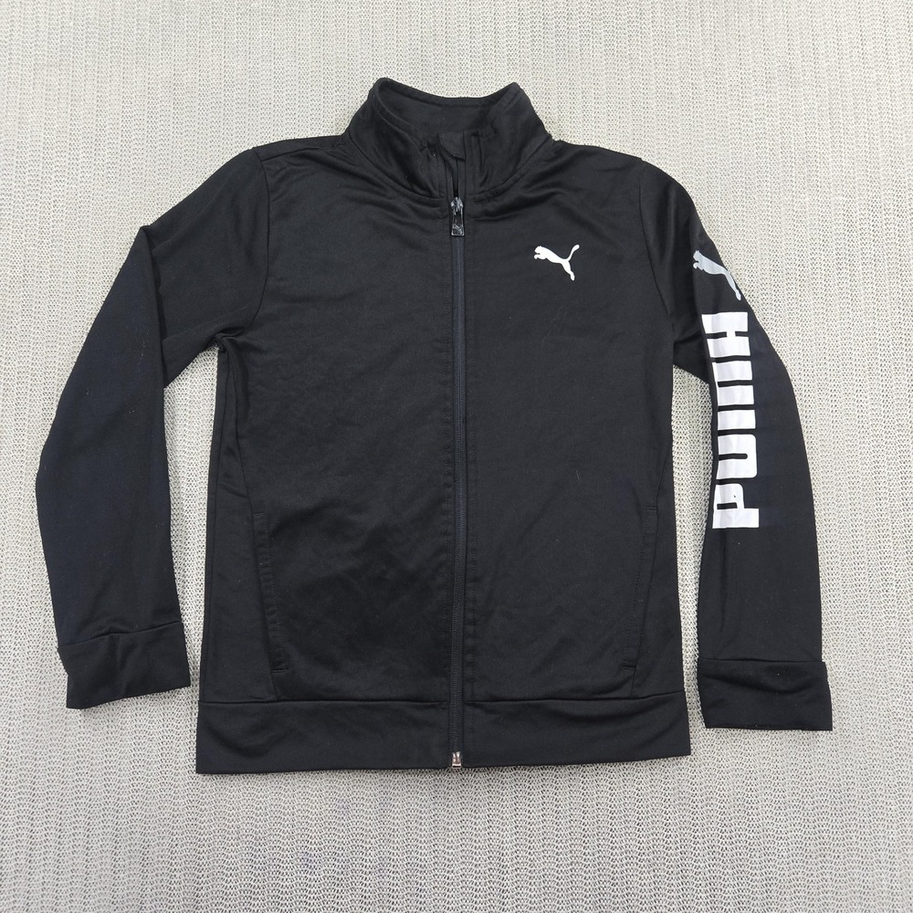 PUMA Track Jacket Youth Small 8 Black Full Zip Logo Sleeve Athletic Training
